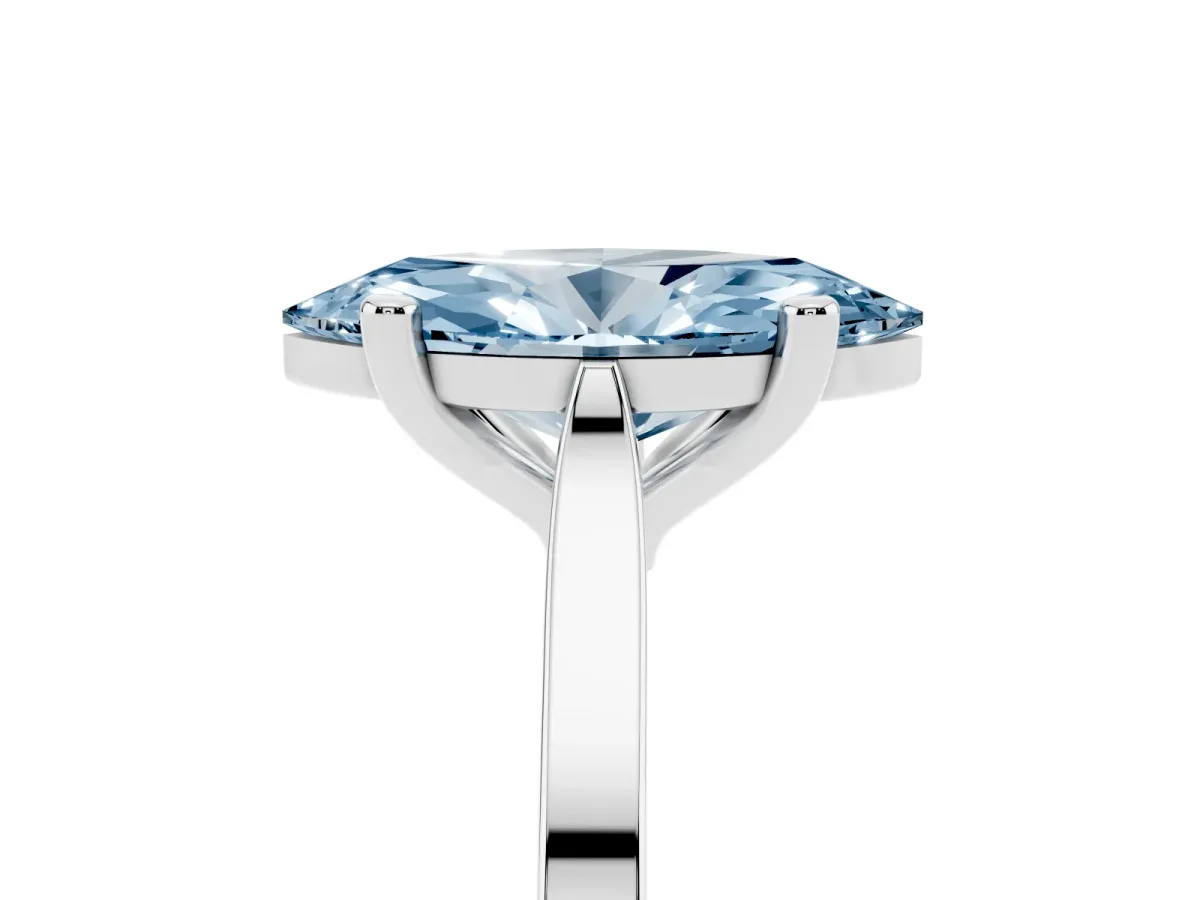 Fancy Blue Marquise Cut Solitaire Diamond Ring with Four-Prong Setting and Tapered Band Platinum