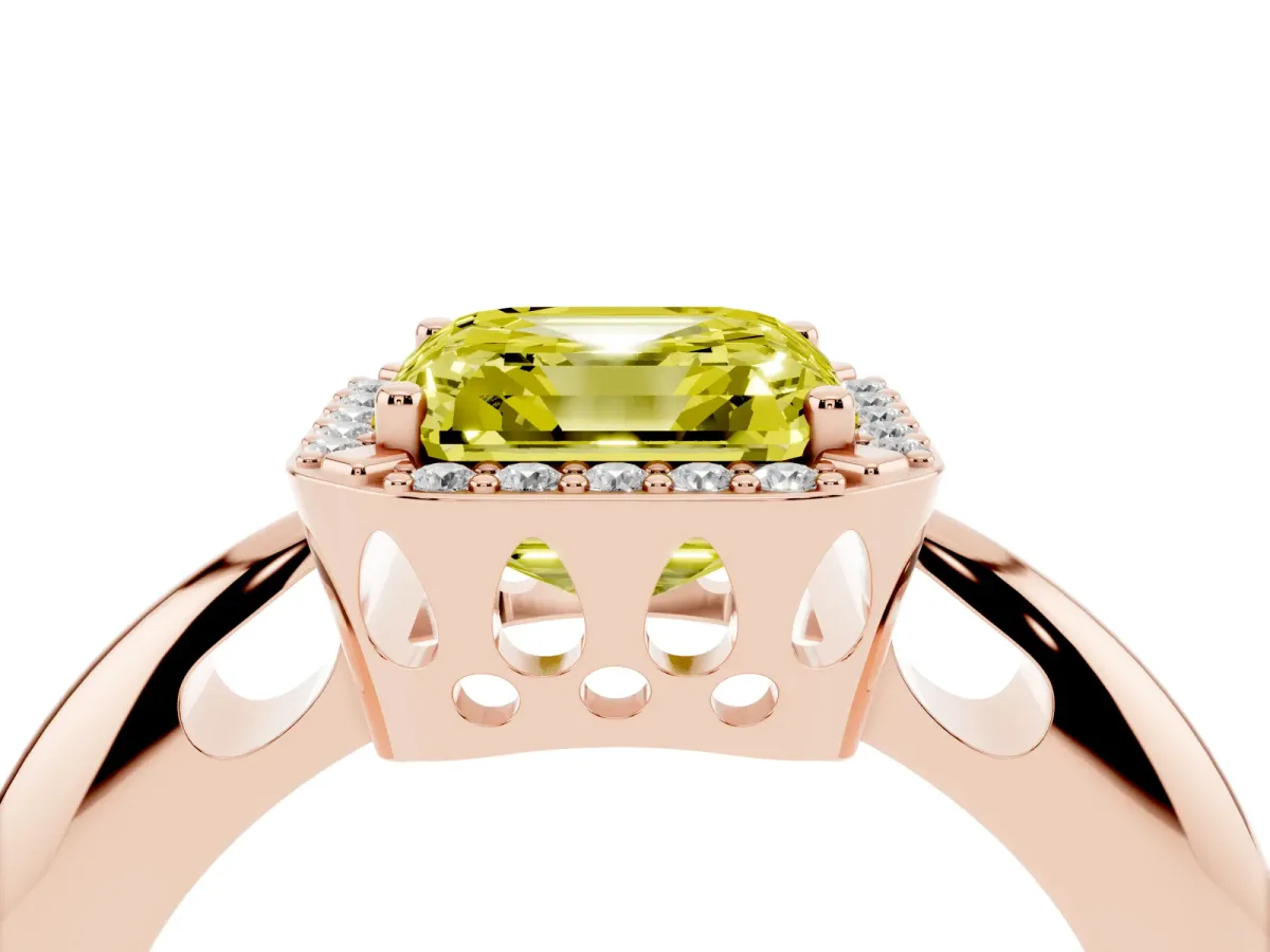 Fancy Yellow Asscher Cut Cut Diamond Halo Engagement Ring with Split Shank and Four-Prong Setting Rose gold