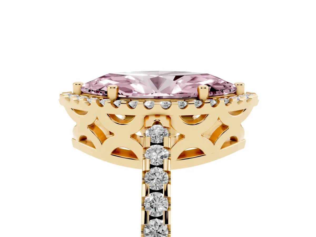 Fancy Pink Marquise Cut Diamond Halo Engagement Ring with Pavé Band and Prong Setting Yellow gold