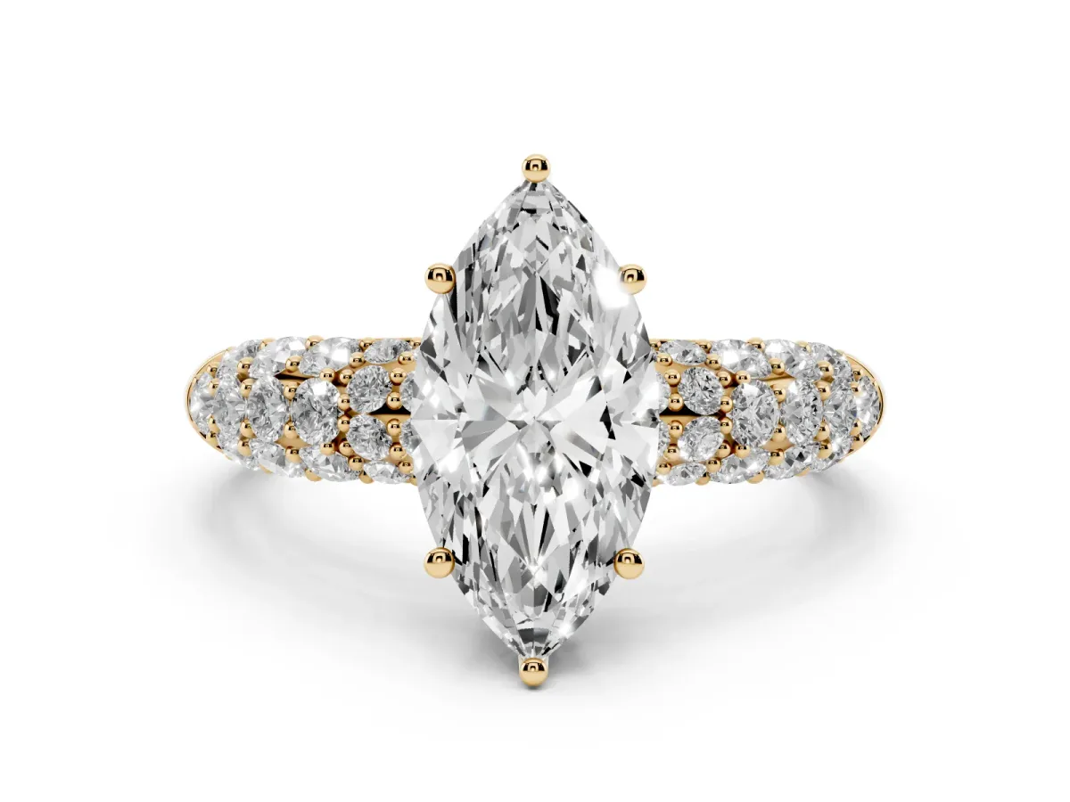 Marquise Cut Diamond Pavé Band Solitaire Ring with Four-Prong Setting Yellow gold
