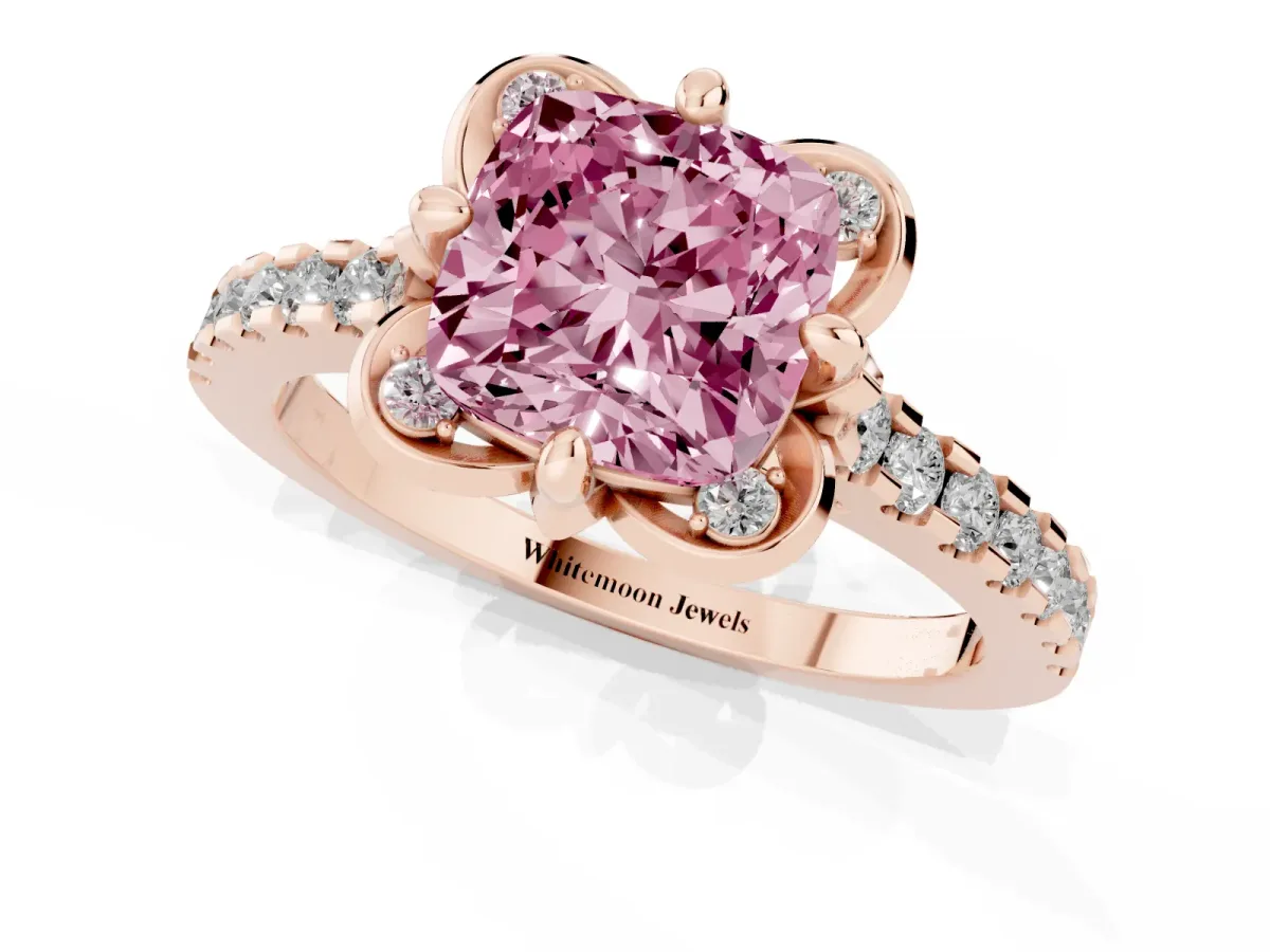 Fancy Pink Cushion Cut Diamond Ring with Pavé Band and Floral Prong Setting Rose gold