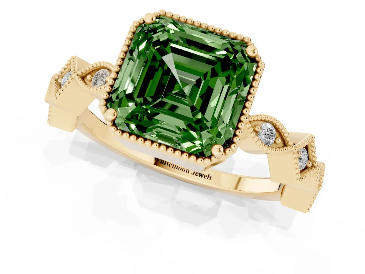 Fancy Green Asscher Cut Milgrain Marquise Diamond Twist Band Ring Yellow gold