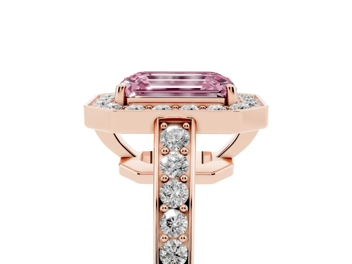 Fancy Pink Emerald Cut Halo Pavé Diamond Engagement Ring with Bezel Setting Rose gold