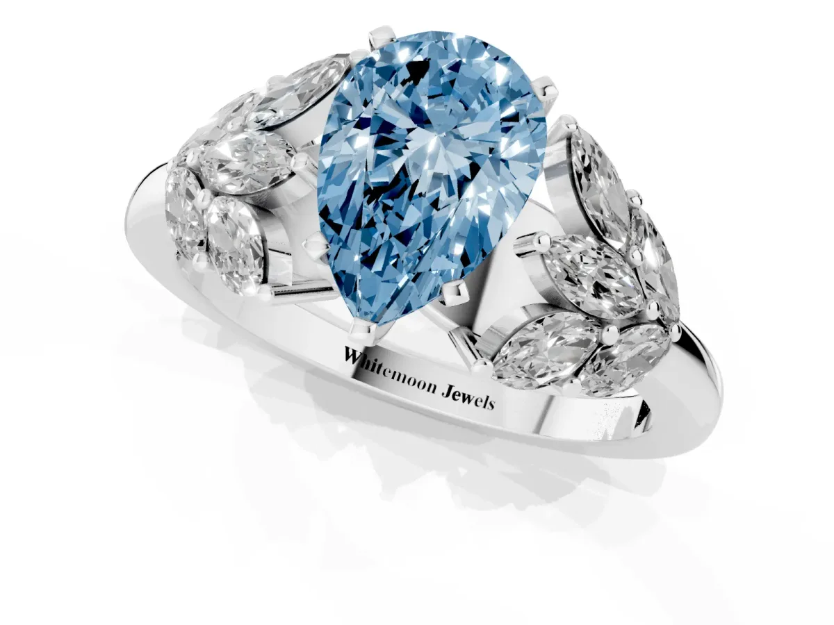 Fancy Blue Pear Cut Diamond Cluster Leaf Design Ring with Prong Setting Platinum
