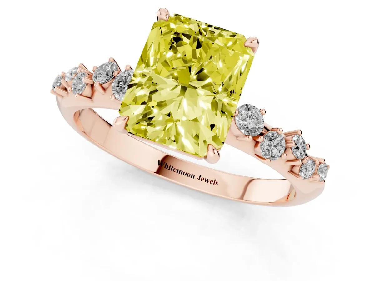 Fancy Yellow Radiant Cut Diamond Cluster Side Stone Solitaire Ring with Prong Setting Rose gold