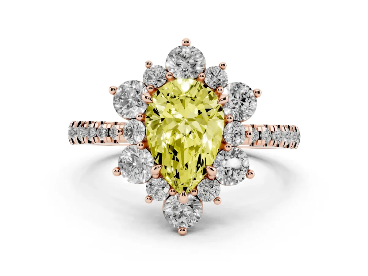 Fancy Yellow Pear Cut Diamond Floral Halo Ring with Round Pavé Band and Prong Setting Rose gold