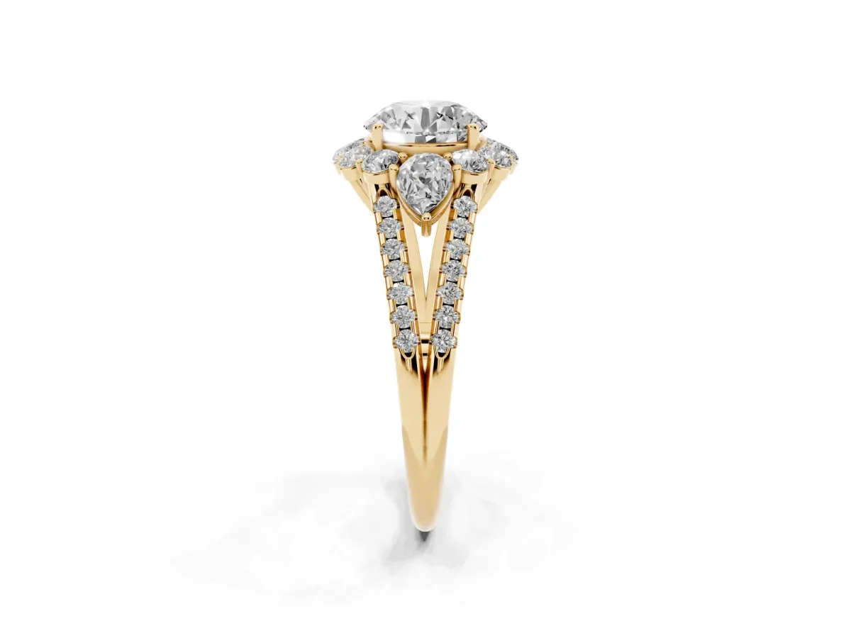 Round Cut Halo Split Shank Diamond Engagement Ring with Prong Setting Yellow gold