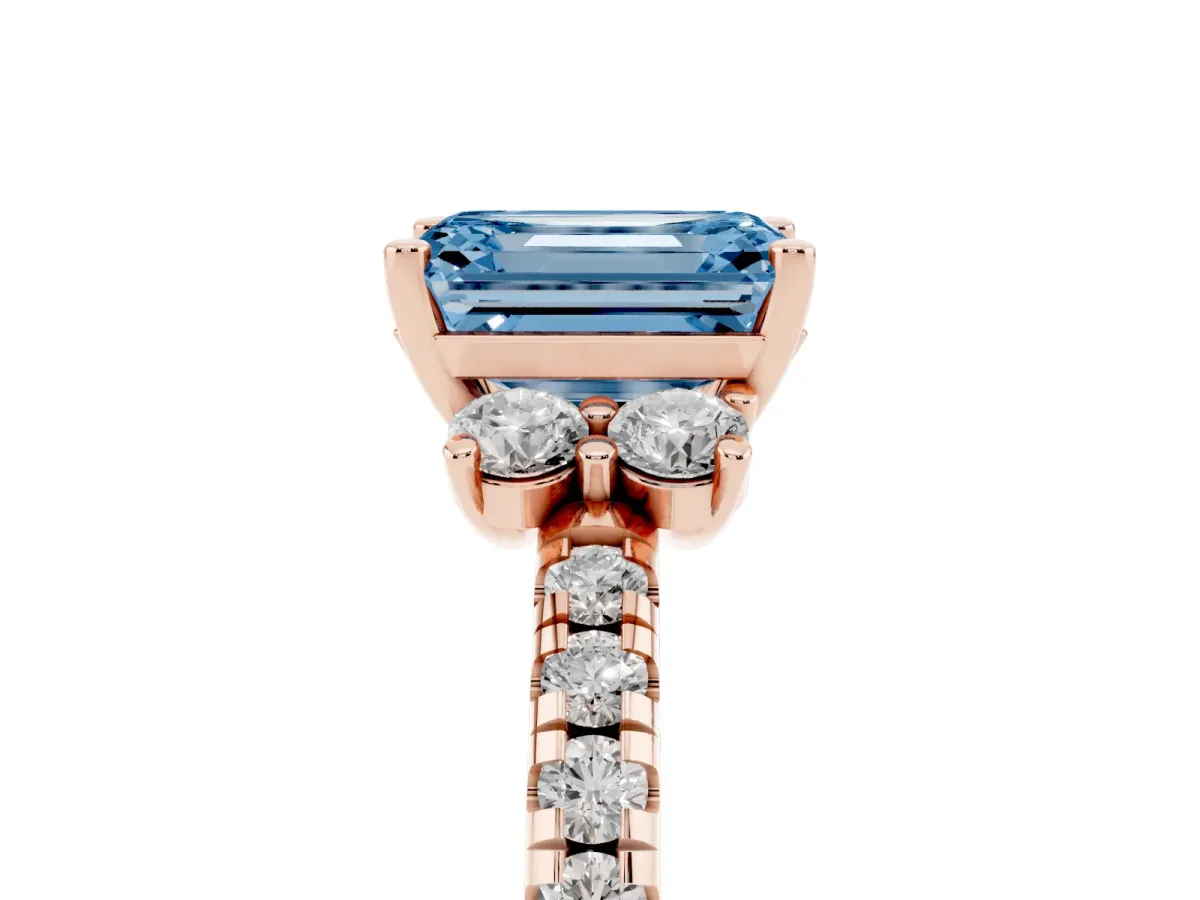 Fancy Blue Emerald Cut Diamond Three-Stone Pave Band with Four-Prong Setting Rose gold