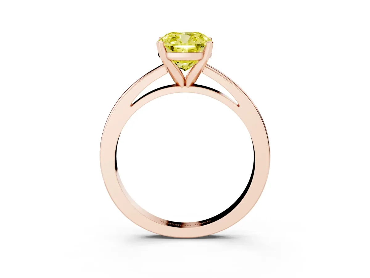 Fancy Yellow Cushion Cut Solitaire Diamond Engagement Ring with Four-Prong Setting on a Classic Band Rose gold