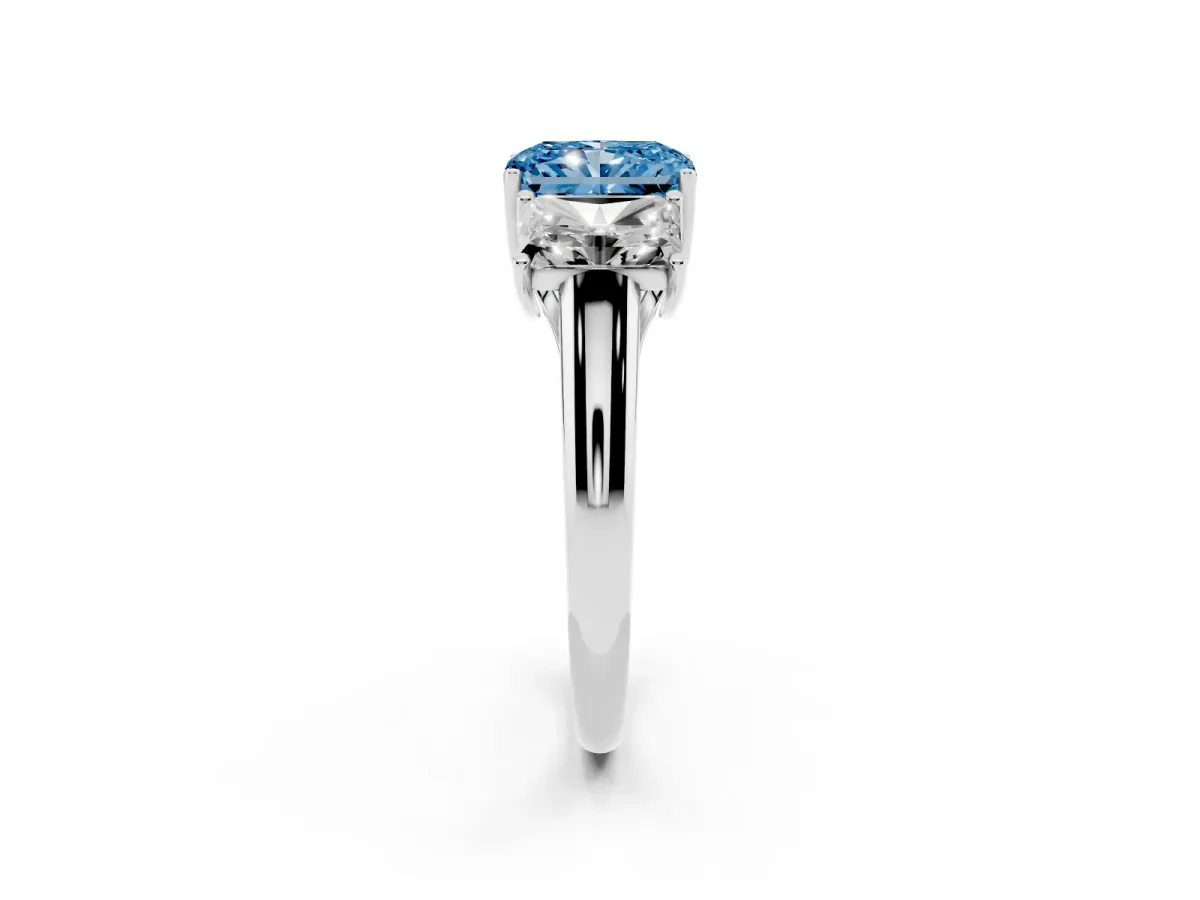 Fancy Blue Three-Stone Radiant Cut Diamond Engagement Ring with Prong Setting White gold