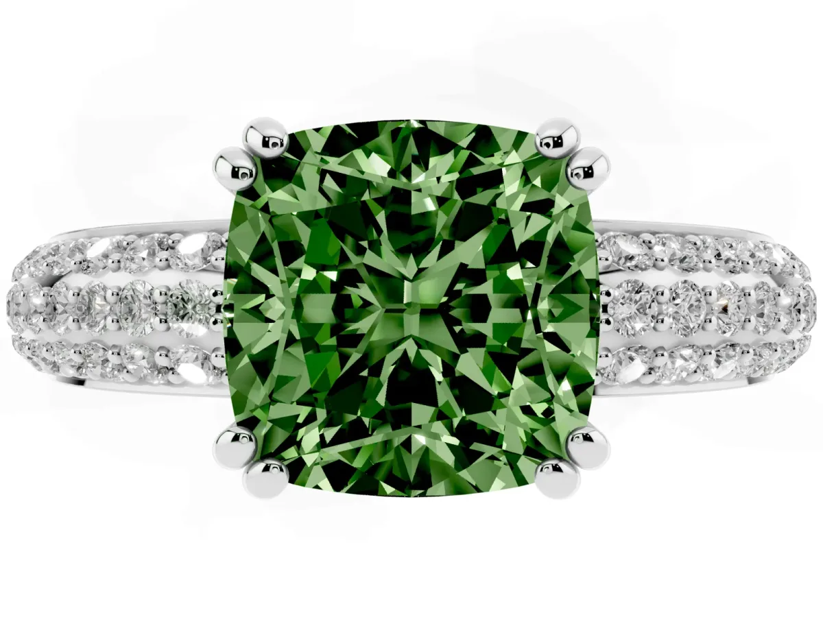 Fancy Green Cushion Cut Diamond Solitaire Ring with Multi-Row Round Pavé Band and Prong Setting Silver