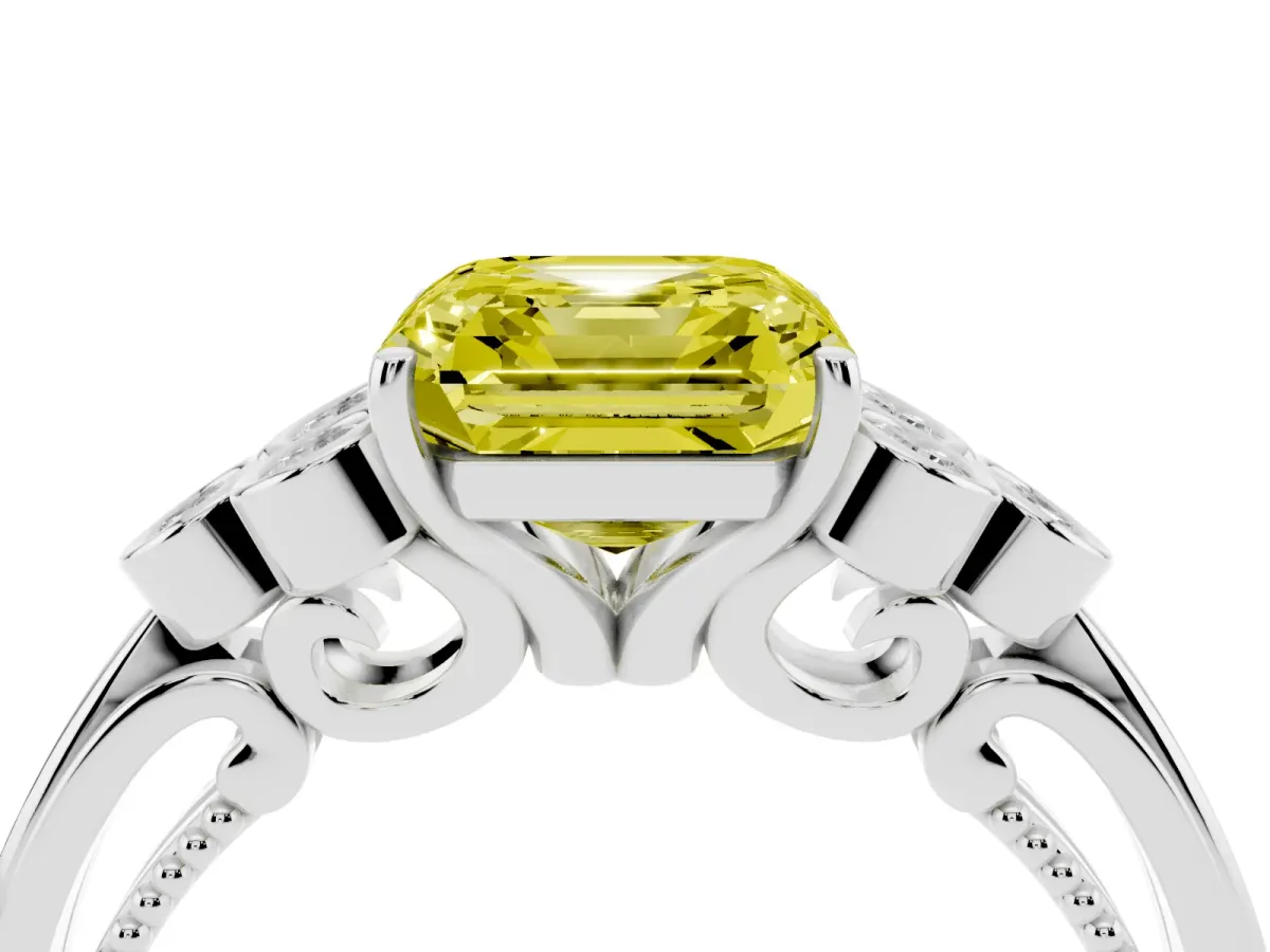 Fancy Yellow Asscher Cut Cut Diamond Engagement Ring with Bezel Set Round Side Stones and Prong Setting Silver