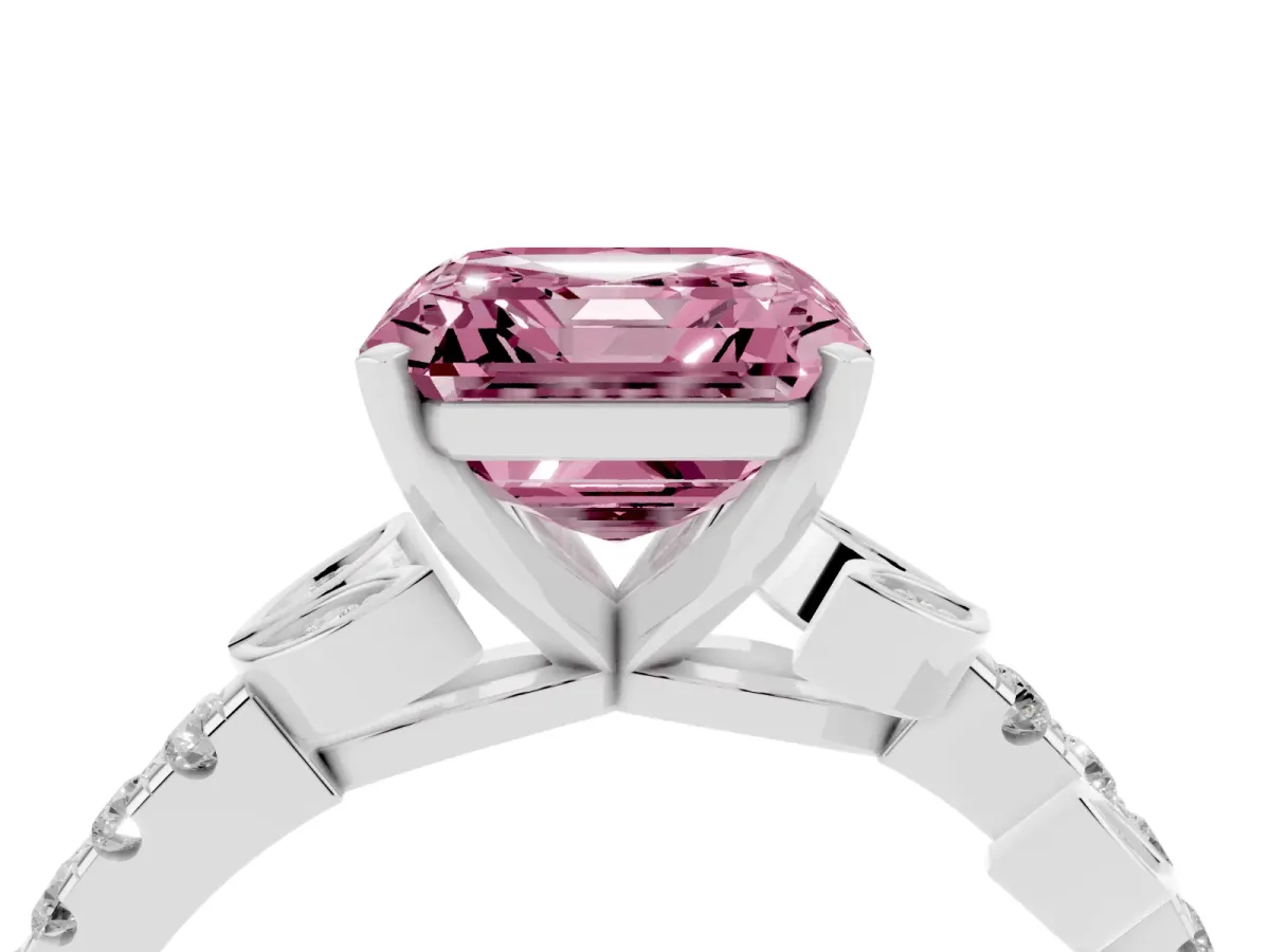 Fancy Pink Asscher Cut Solitaire Leaf-Inspired Diamond Ring with Pavé Band and Four-Prong Setting Silver