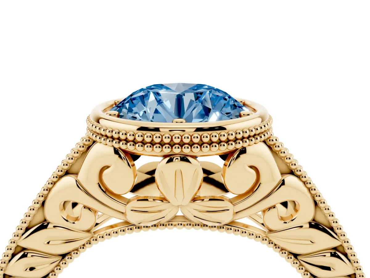 Fancy Blue Bezel Set Round Cut Diamond Milgrain Pave Engagement Ring Yellow gold