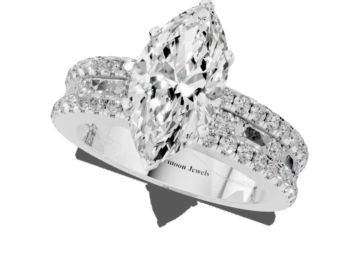 Marquise Cut Diamond Solitaire Ring with Pavé and Channel Set Band Silver