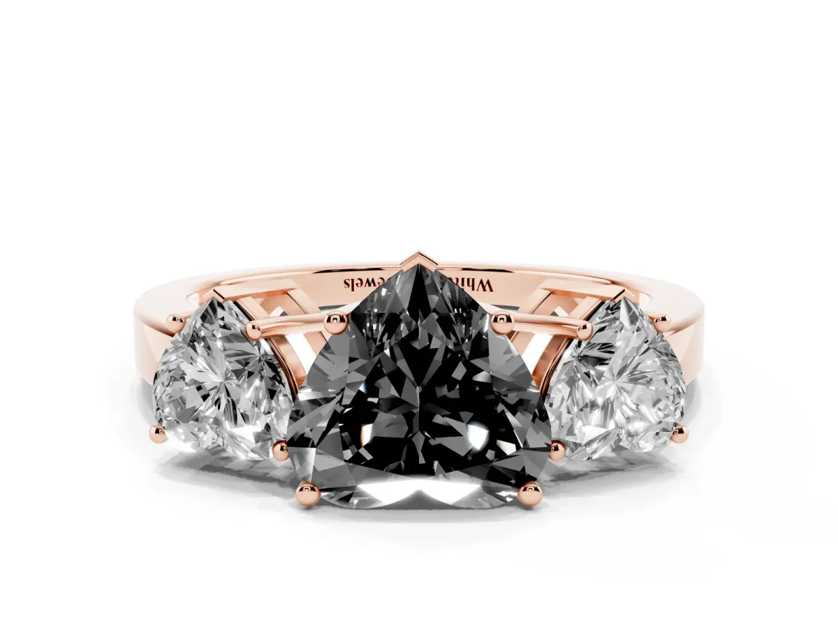 Fancy Black Three-Stone Heart Cut Cut Diamond Engagement Ring with Flat Band and Four-Prong Setting Rose gold