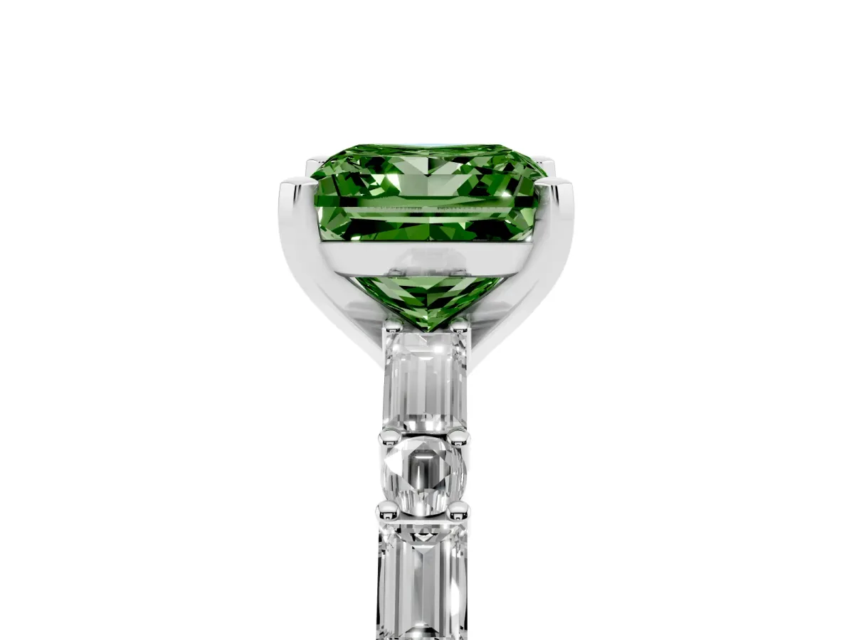 Fancy Green Princess Cut Diamond Solitaire with Side Baguettes and Channel Set Band Platinum