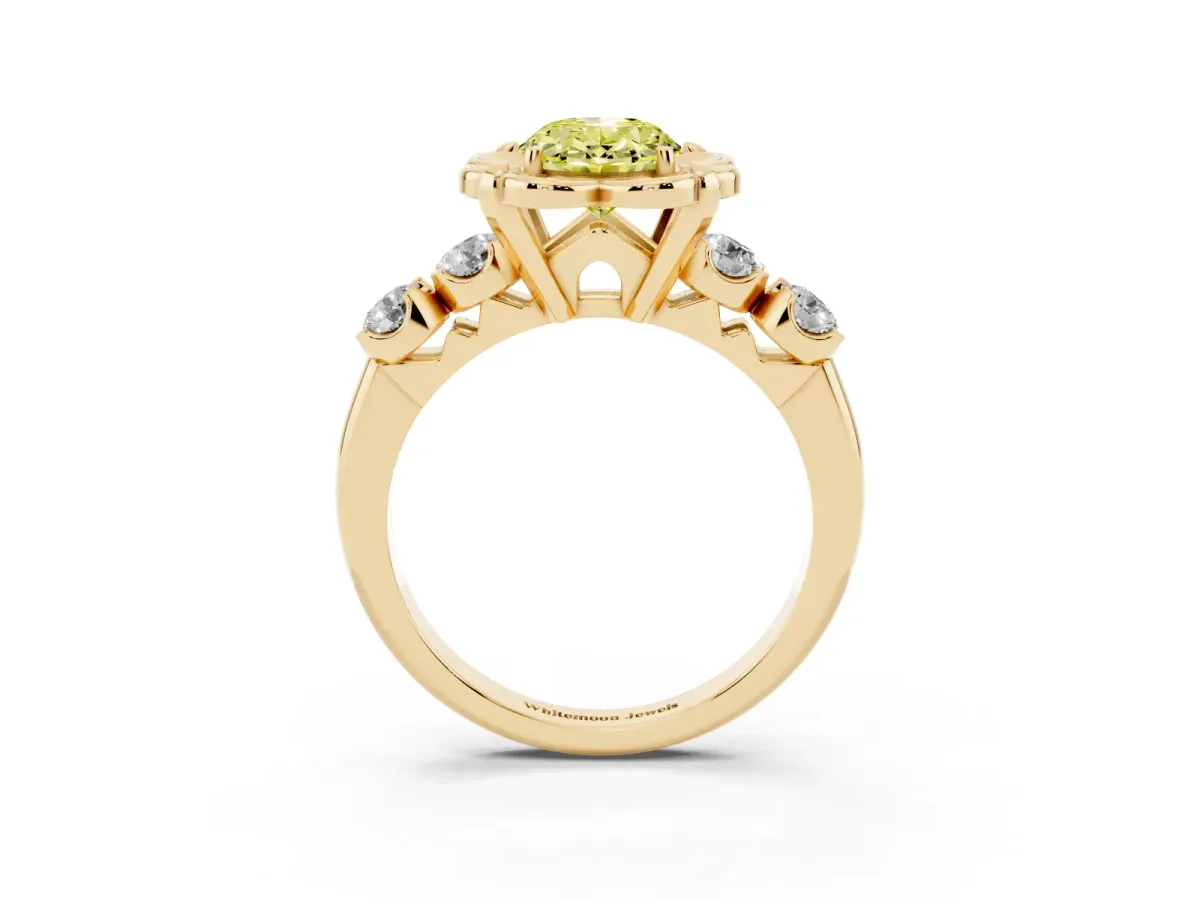 Fancy Yellow Oval Cut Cut Diamond Floral Halo Engagement Ring with Shared Prong Setting Yellow gold