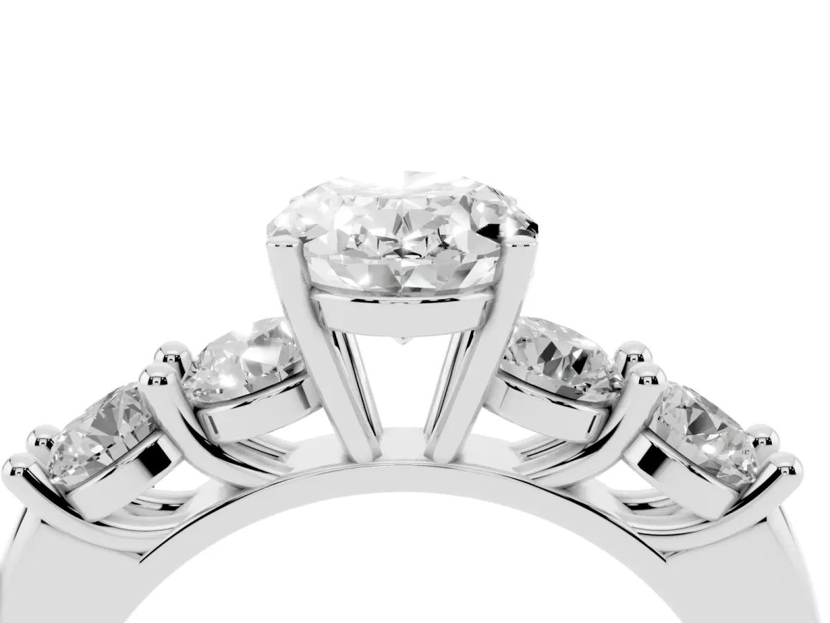 Oval Cut Cut Five-Stone Prong Set Diamond Ring with Classic Band Platinum