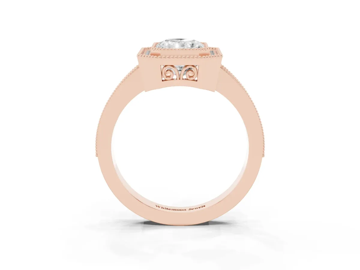 Radiant Cut Cut Halo Diamond Ring with Pavé Band and Milgrain Prong Setting Rose gold