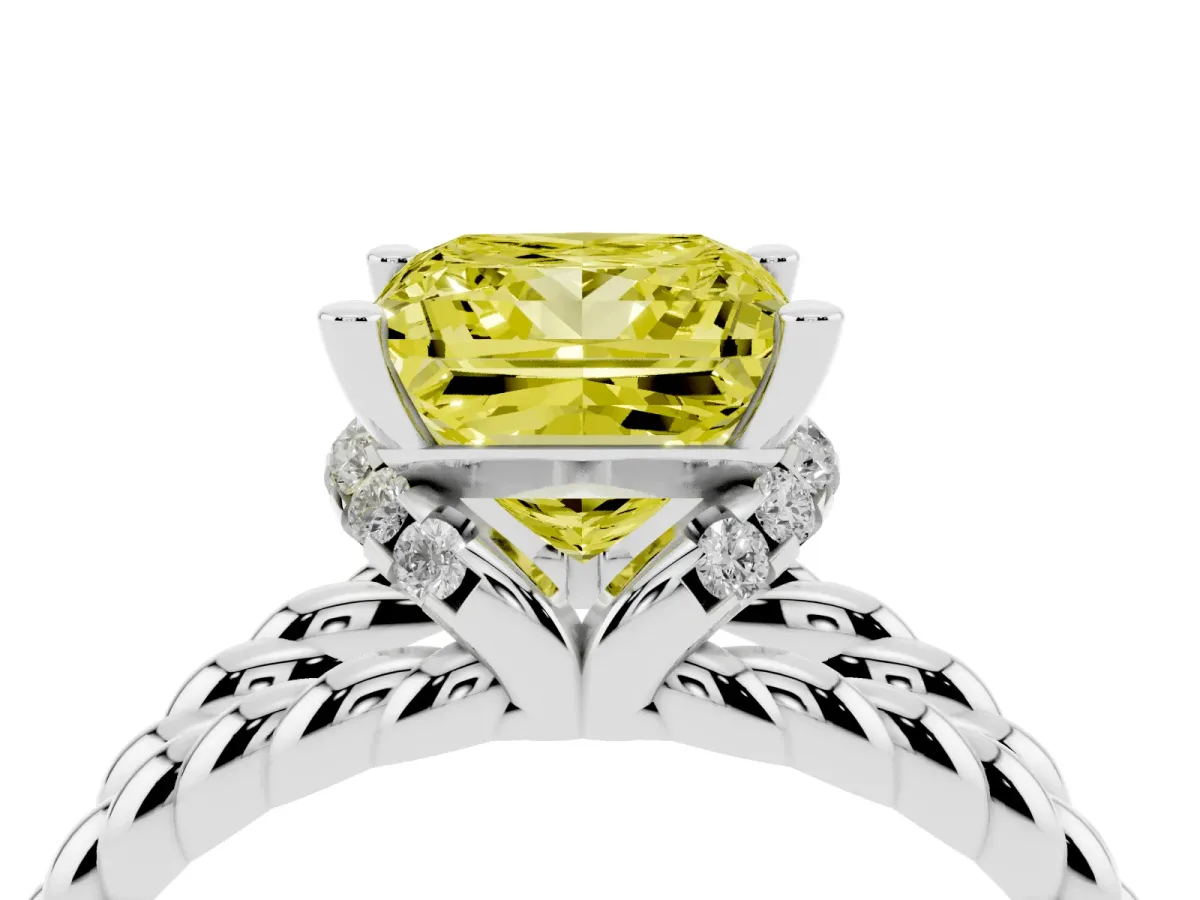 Fancy Yellow Princess Cut Halo Twisted Band Four-Prong Ring Silver