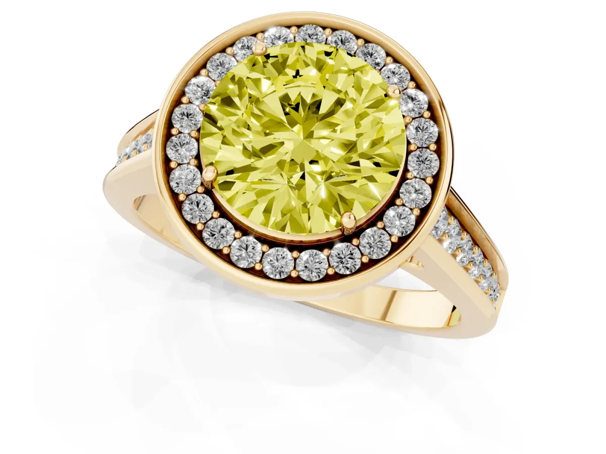 Fancy Yellow Round Cut Halo Solitaire Diamond Ring with Pave Band and Bezel Setting Yellow gold