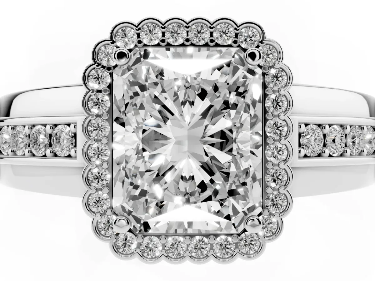 Radiant Cut Cut Halo Pave Band Four-Prong Ring Silver