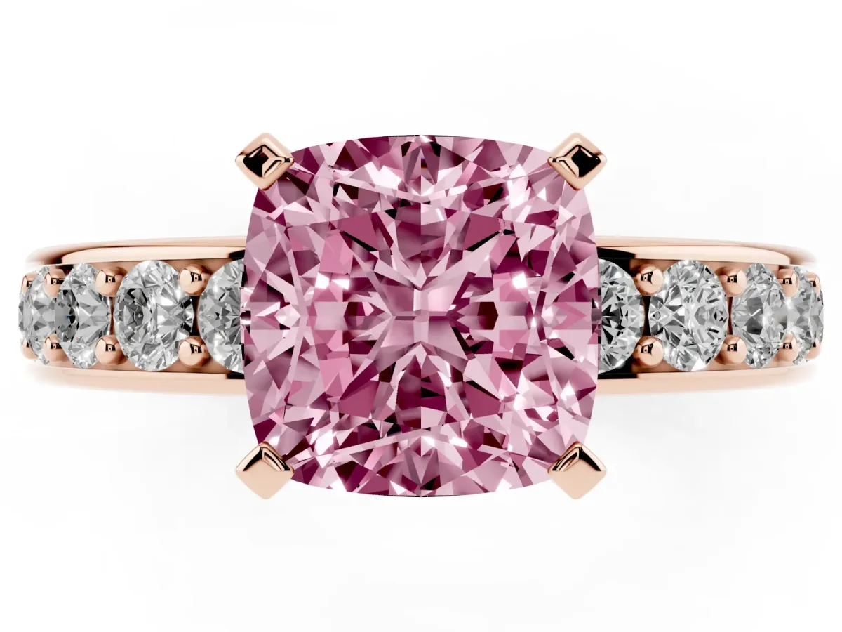Fancy Pink Cushion Cut Diamond Engagement Ring with Channel Set Round Band and Prong Setting Rose gold