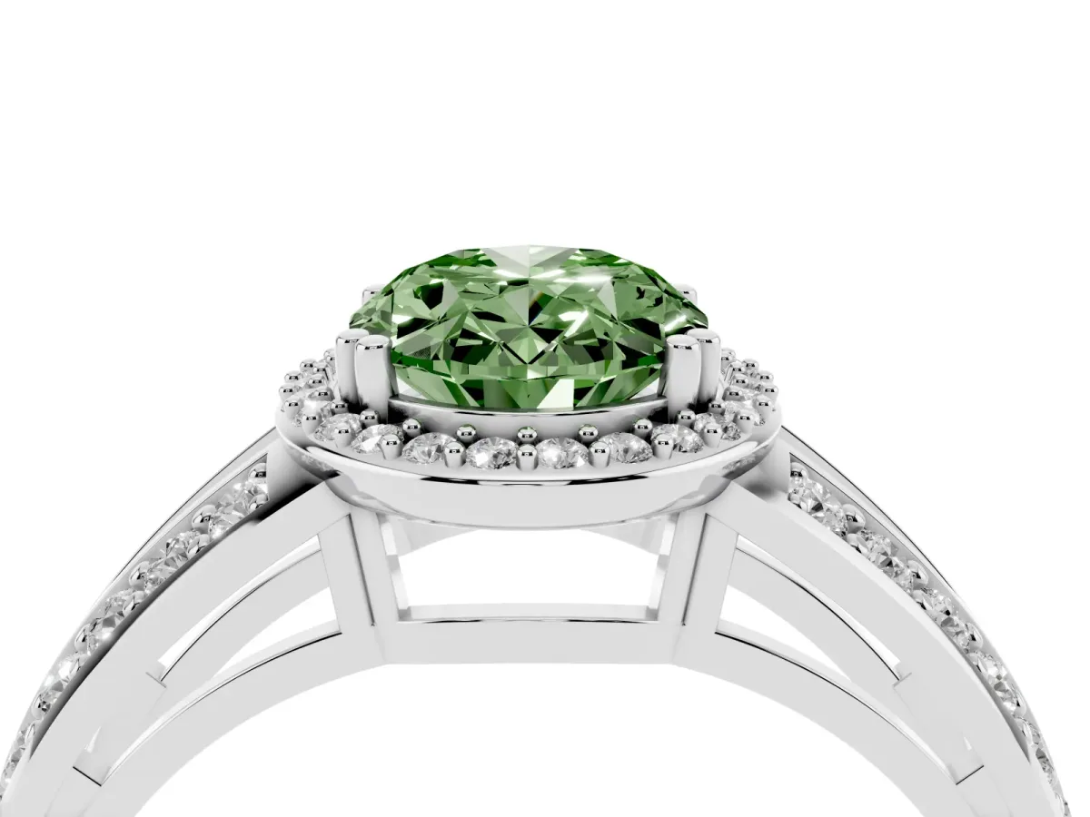 Fancy Green Oval Cut Diamond Halo Ring with Split Shank Pavé Band and Four-Prong Setting Platinum