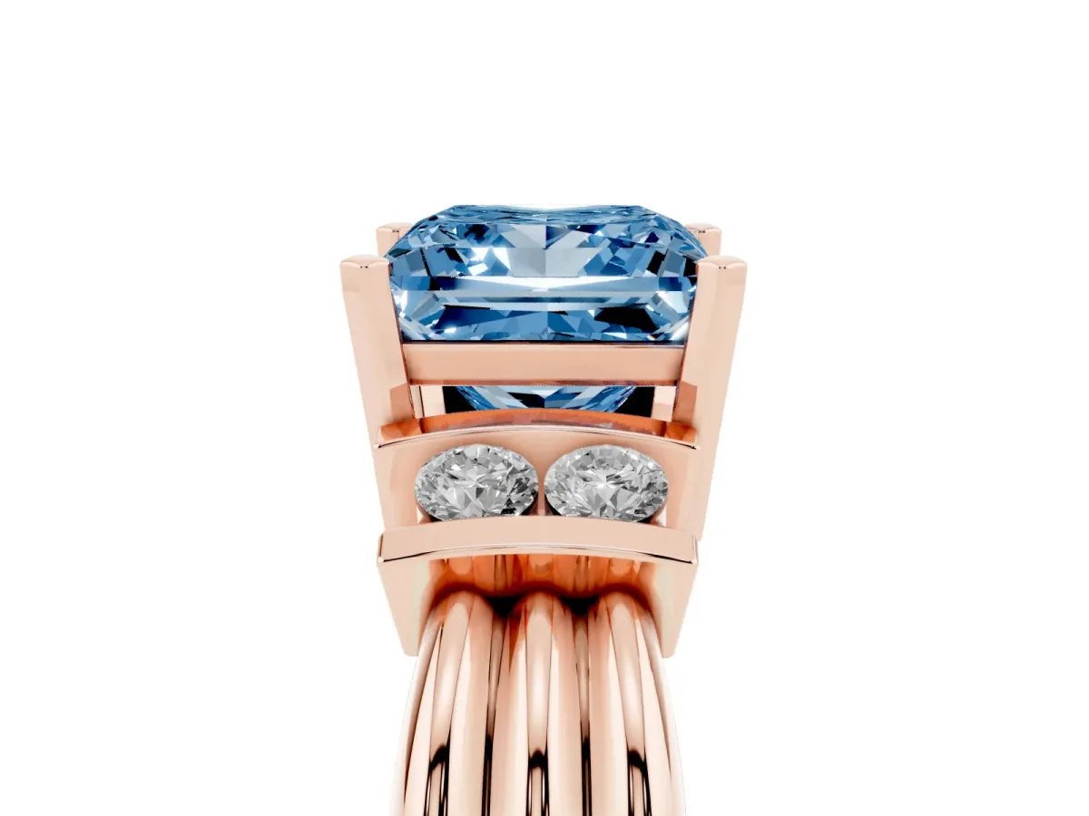 Fancy Blue Princess Cut Cut Three-Stone Channel Set Ring with Bar Prongs Rose gold