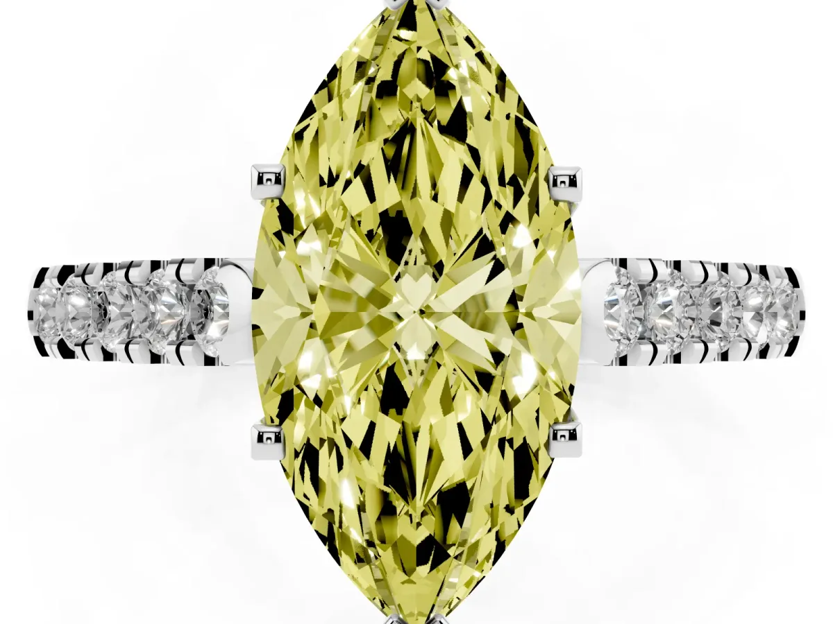 Fancy Yellow Marquise Cut Diamond Pavé Band Solitaire Ring with Prong Setting Silver