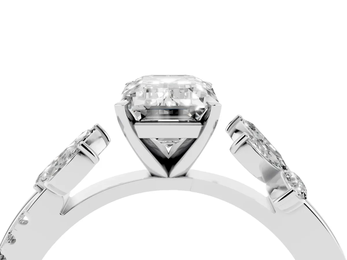 Emerald Cut Diamond Floral Vine Solitaire Engagement Ring Silver