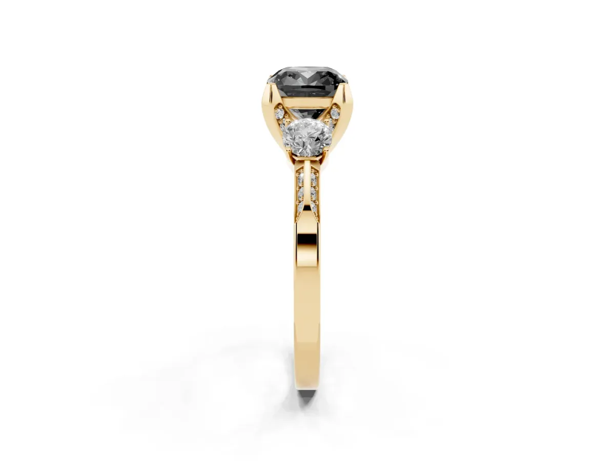 Fancy Black Cushion Cut Brilliant Three-Stone Diamond Ring with Pavé Band and Four-Prong Setting Yellow gold