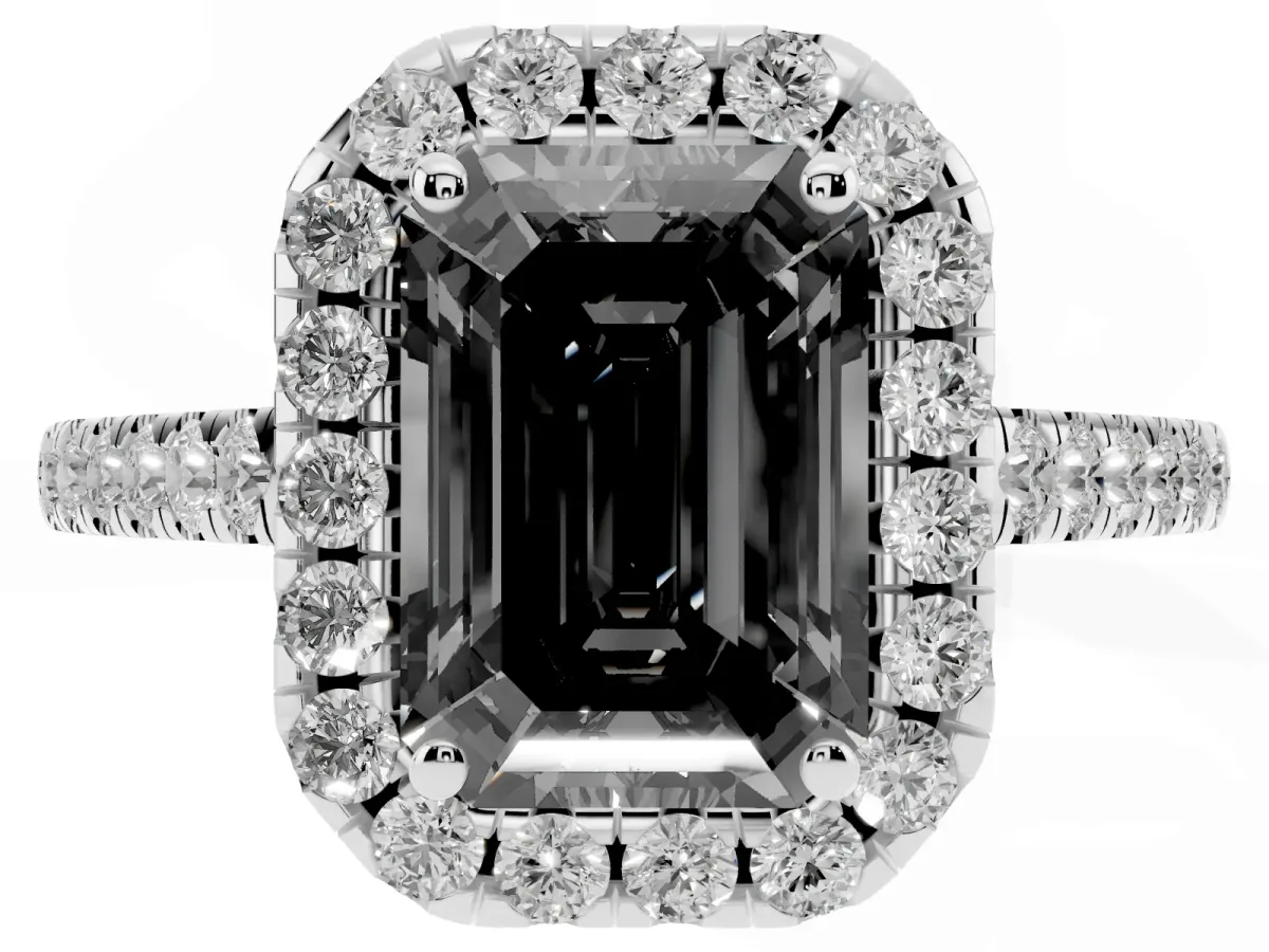 Fancy Black Emerald Cut Halo Pave Diamond Engagement Ring with Four-Prong Setting Silver