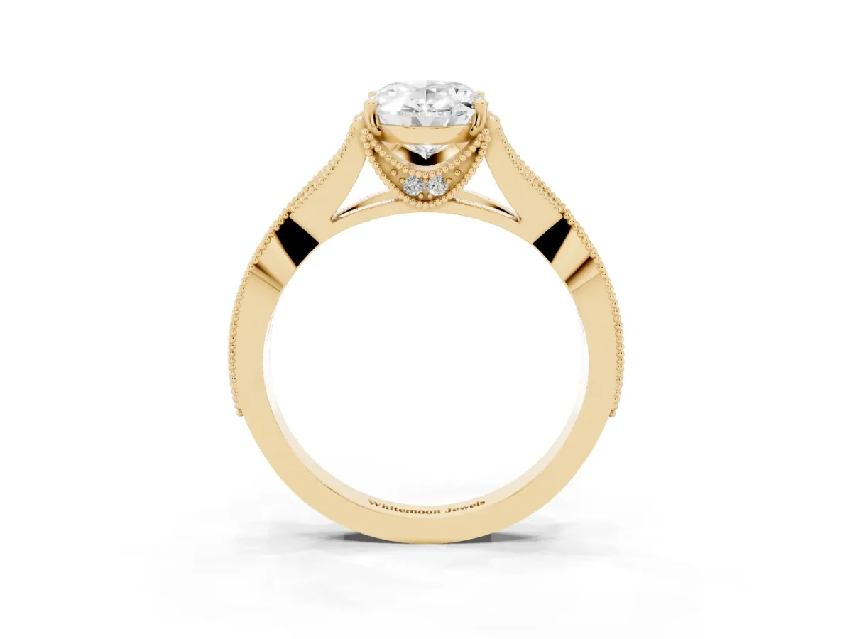 Oval Cut Cut Diamond Twisted Band with Milgrain Pave Setting and Four-Prong Setting Yellow gold
