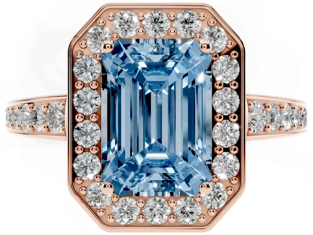 Fancy Blue Emerald Cut Halo Pavé Diamond Engagement Ring with Bezel Setting Rose gold