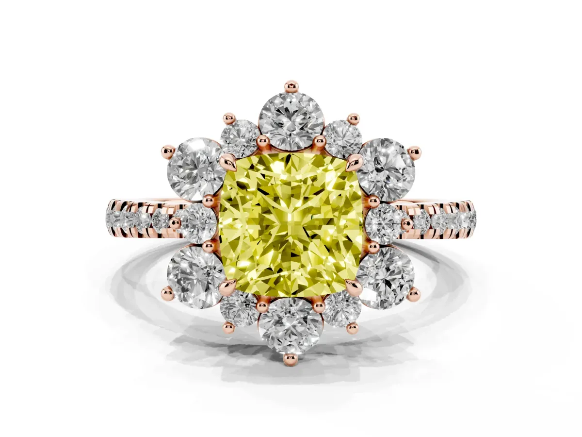 Fancy Yellow Cushion Cut Diamond Floral Halo Ring with Round Pavé Band and Prong Setting Rose gold