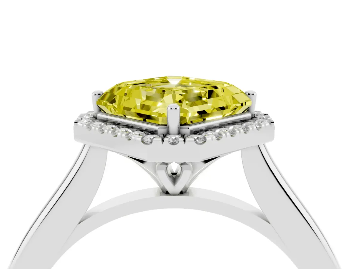 Fancy Yellow Asscher Cut Halo Round Diamond Solitaire Engagement Ring with Pave Band and Four-Prong Setting Silver