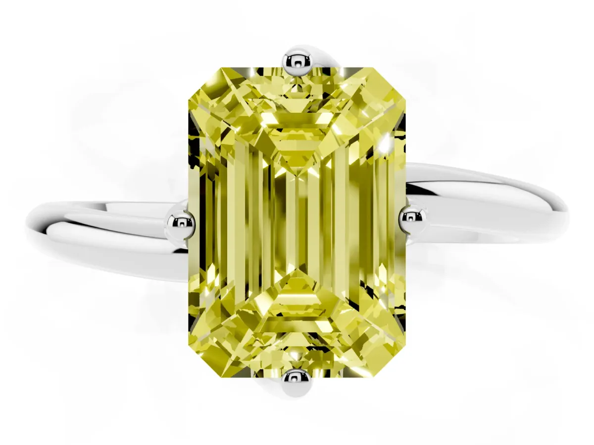Fancy Yellow Emerald Cut Diamond Solitaire Engagement Ring with Four-Prong Setting and Classic Band Silver