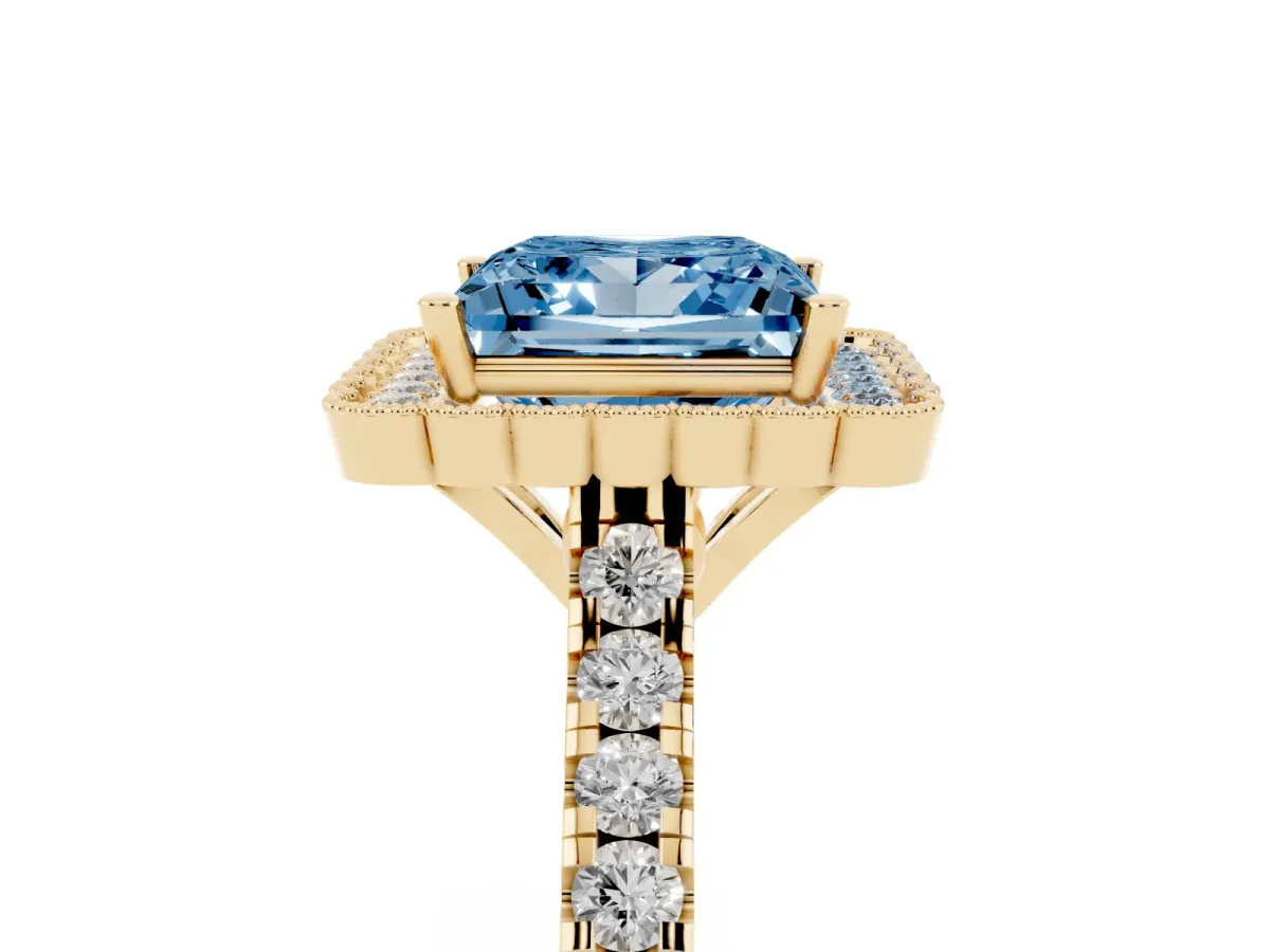 Fancy Blue Princess Cut Cut Diamond Milgrain Floral Halo Engagement Ring with Pavé Band Yellow gold