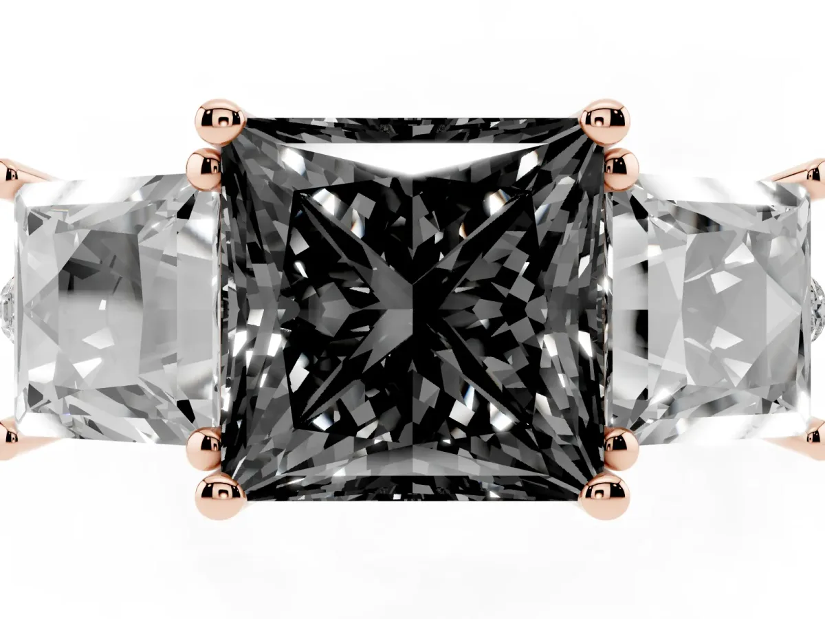 Fancy Black Three-Stone Princess Cut Diamond Ring with Round Pavé Band and Prong Setting Rose gold
