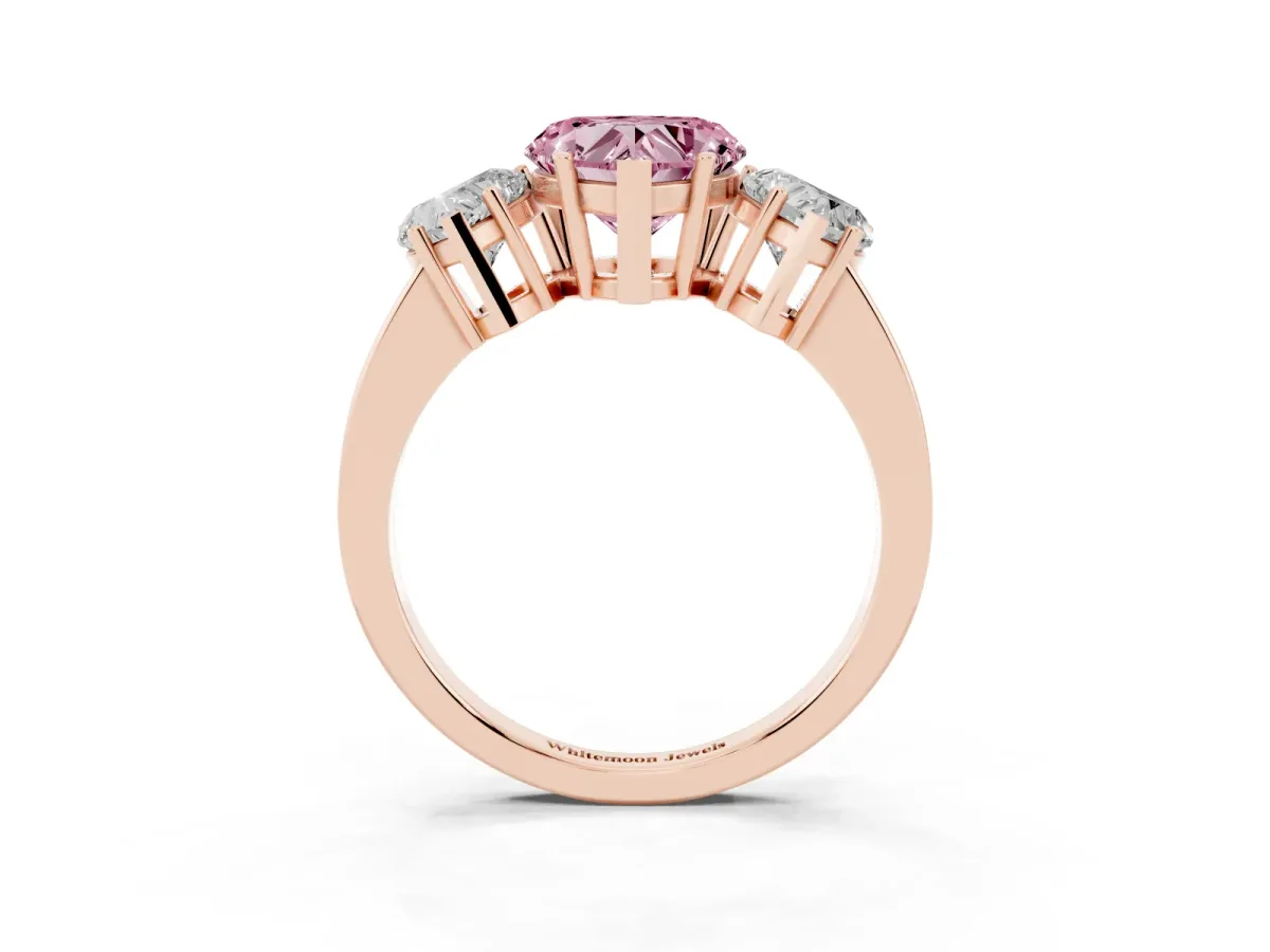 Fancy Pink Three-Stone Heart Cut Cut Diamond Engagement Ring with Flat Band and Four-Prong Setting Rose gold