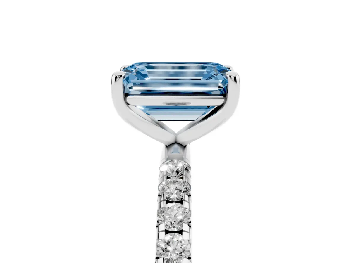 Fancy Blue Emerald Cut Cut Diamond Solitaire Ring with Micro Pave Band and Four Prong Setting Silver