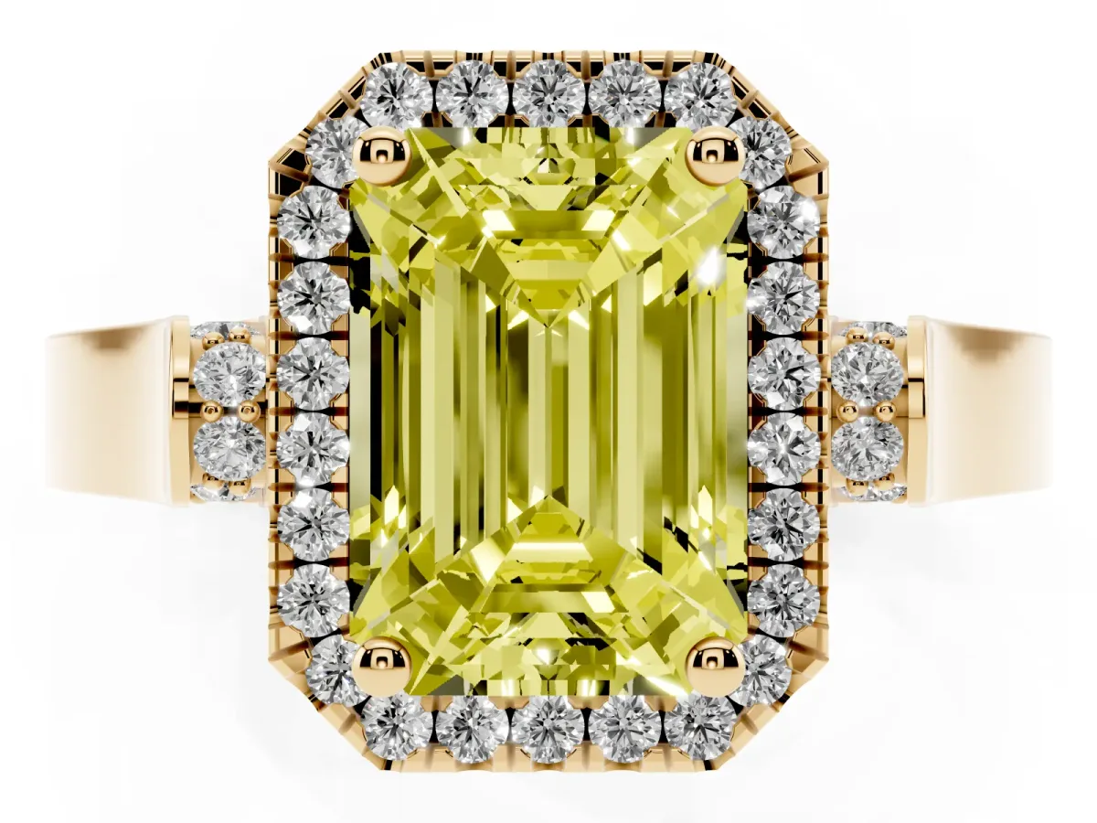 Fancy Yellow Emerald Cut Halo Pave Split Shank Prong Setting Ring Yellow gold