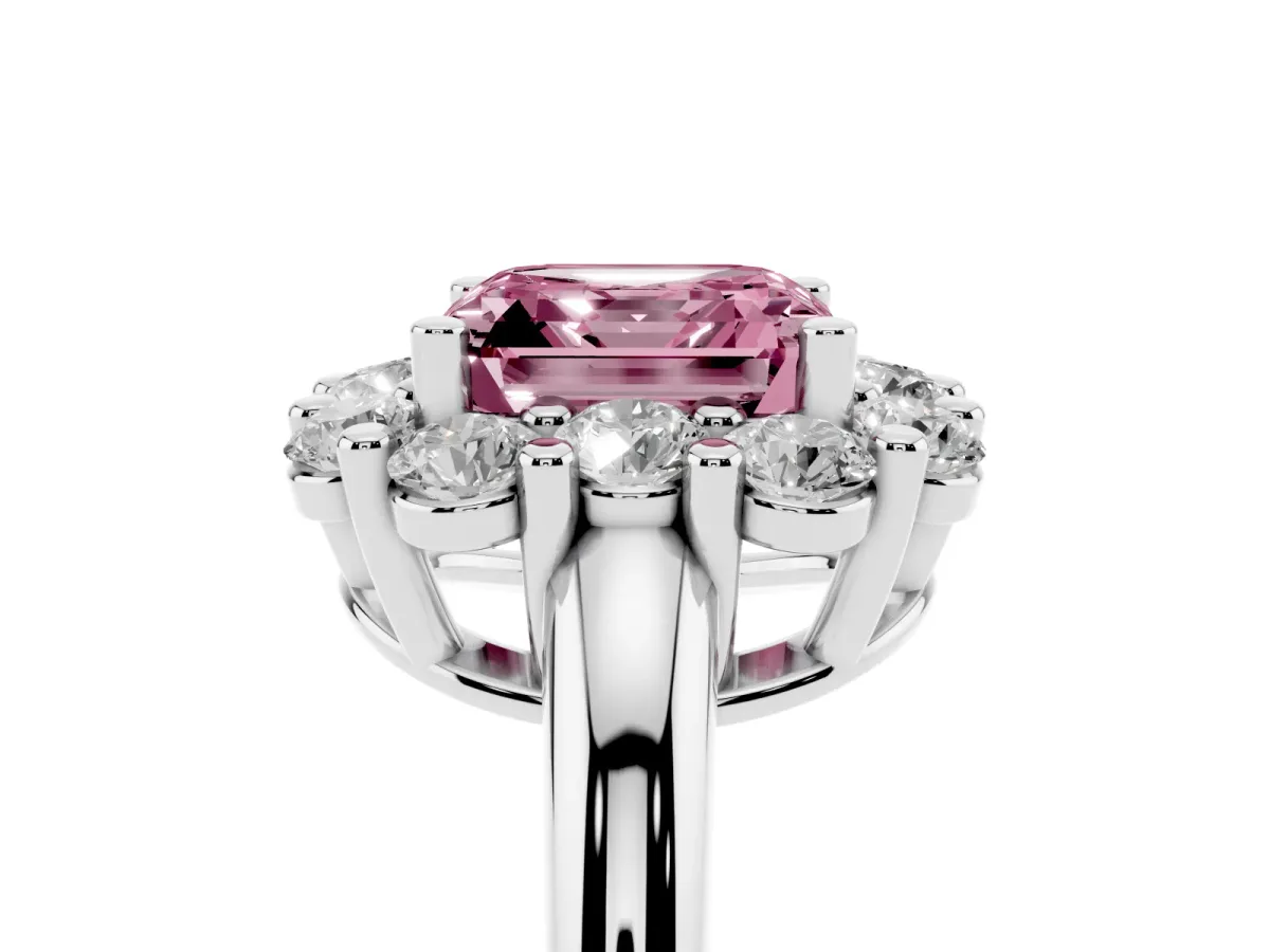 Fancy Pink Asscher Cut Halo Cluster Diamond Engagement Ring with Prong Setting and Polished Band White gold