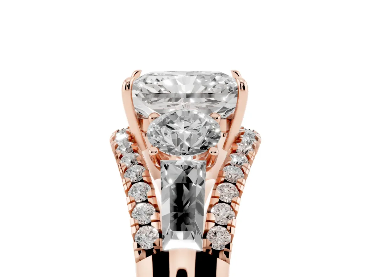 Three-Stone Radiant Cut Diamond Engagement Ring with Pave Band and Prong Setting Rose gold