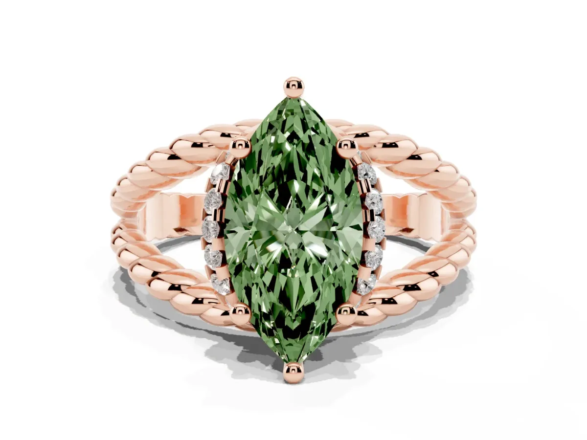 Fancy Green Marquise Cut Halo Twisted Band Four-Prong Ring Rose gold
