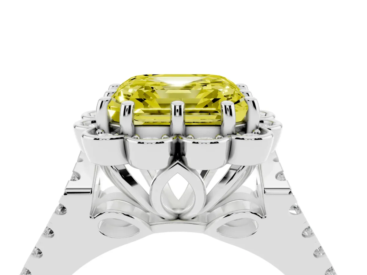 Fancy Yellow Asscher Cut Halo Diamond Floral Split Shank Engagement Ring Silver