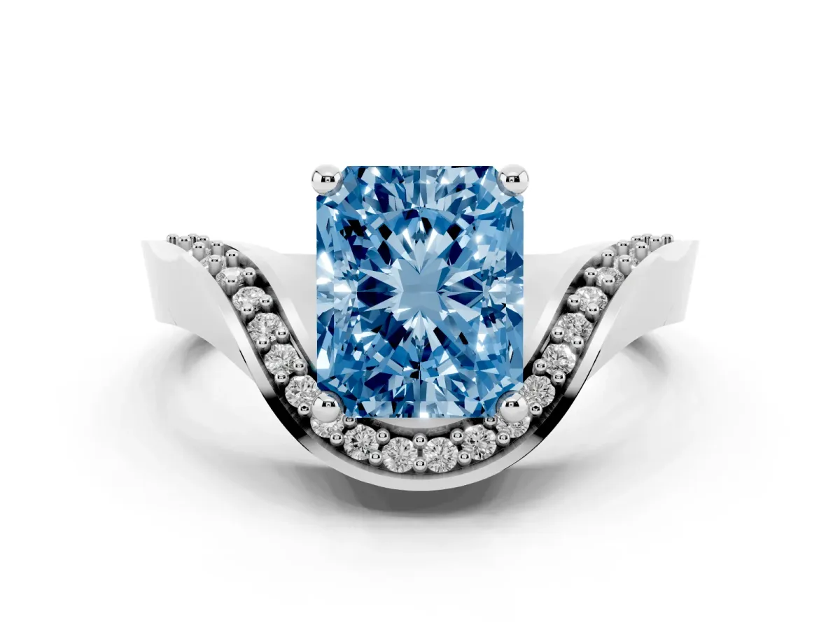 Fancy Blue Radiant Cut Solitaire Diamond Engagement Ring with Pave Band and Four-Prong Setting Platinum