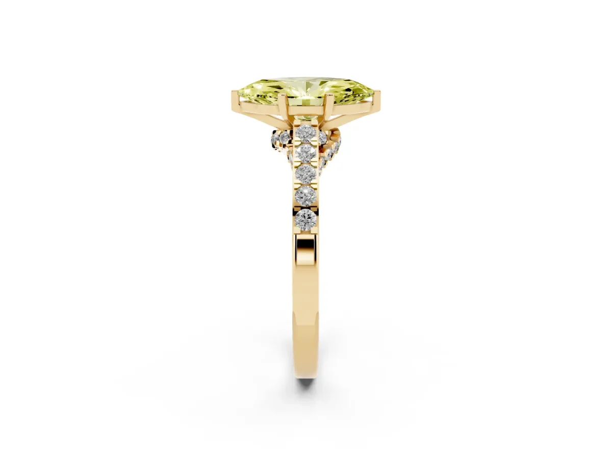 Fancy Yellow Marquise Cut Diamond Solitaire Ring with Crossover Gallery and Round Pavé Band Yellow gold